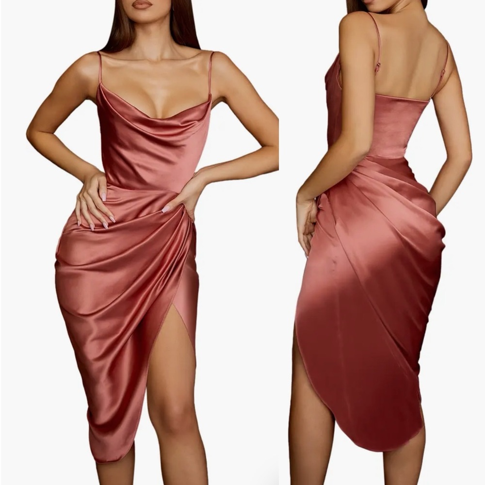 House of CB Reva Satin Gathered Corset Dress in Rose sz M